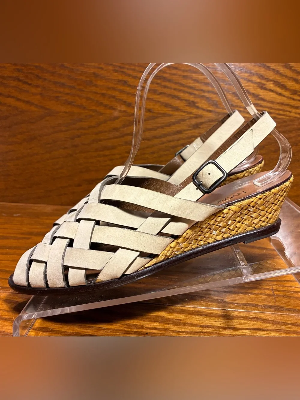 Y2K VTG Charles Jourdan Woven Nubuck Woven Wedge Slingback Sandals Beige Size 6